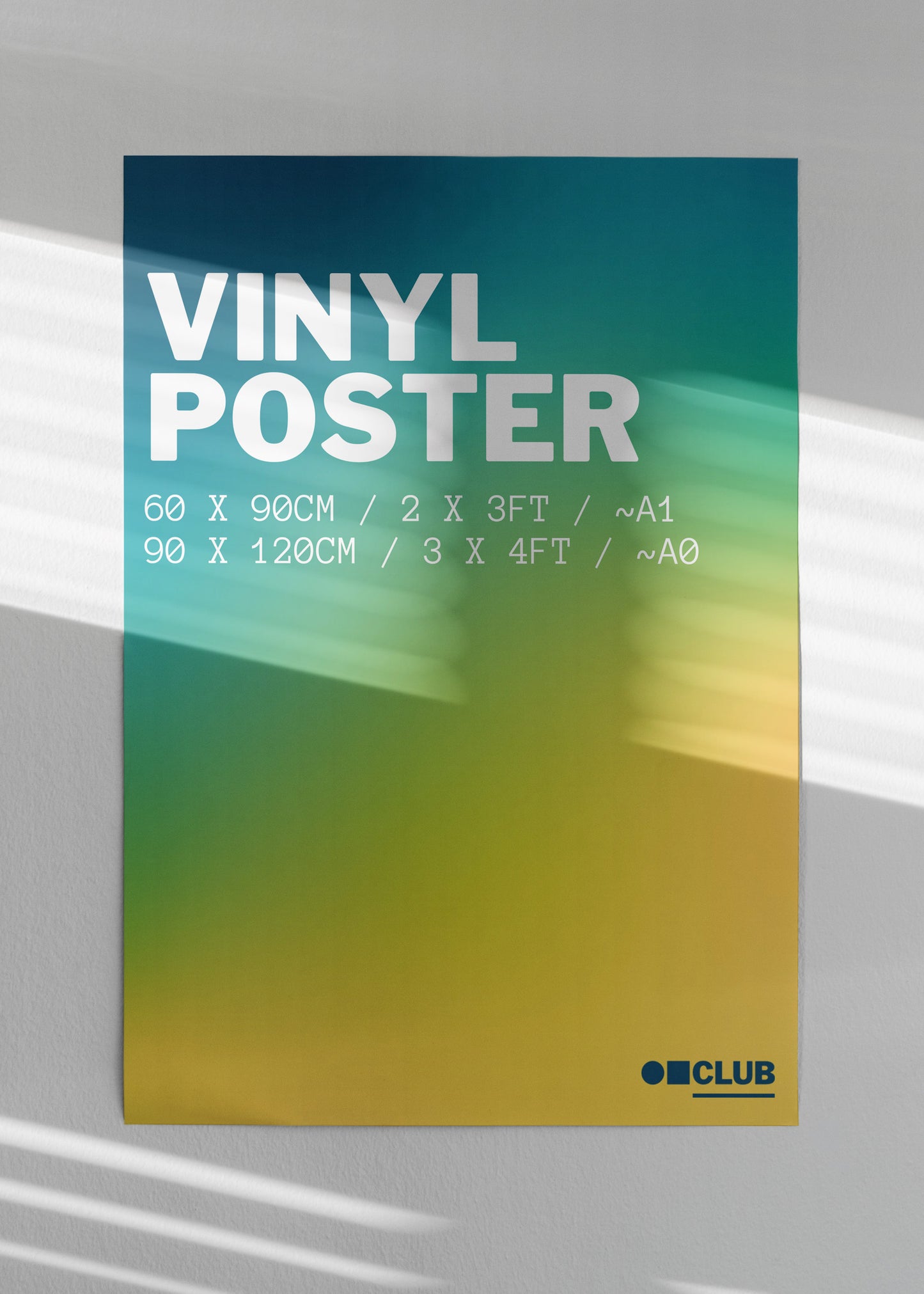 Vinyl poster with dimensions and 'CLUB' branding on a gradient background